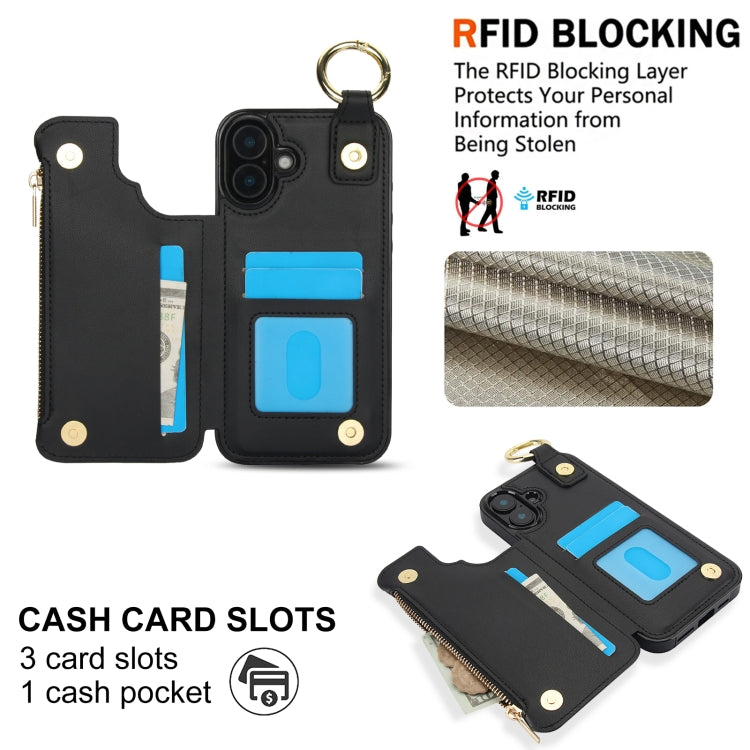 For iPhone 16 RFlD Anti-theft Double Buckle Ring Zipper Card Phone Case(Black) - iPhone 16 Cases by buy2fix | Online Shopping UK | buy2fix