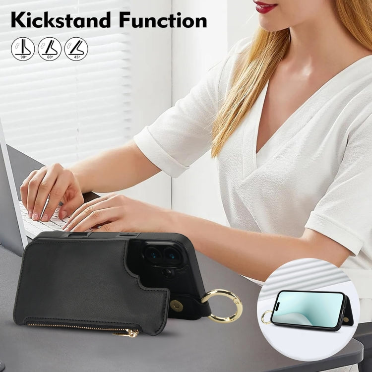 For iPhone 16 RFlD Anti-theft Double Buckle Ring Zipper Card Phone Case(Black) - iPhone 16 Cases by buy2fix | Online Shopping UK | buy2fix