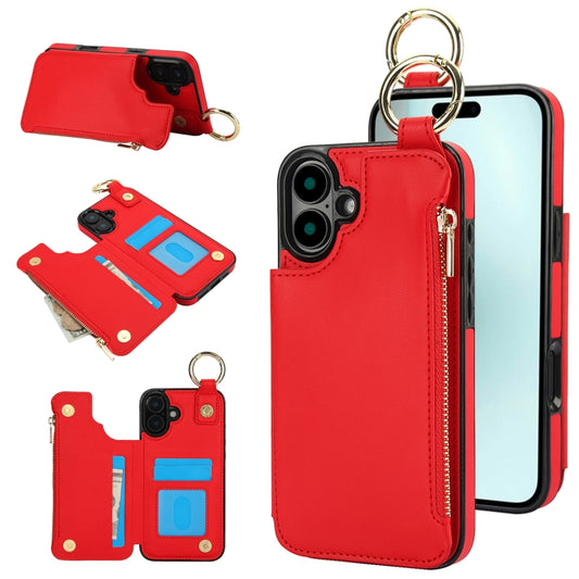 For iPhone 16 RFlD Anti-theft Double Buckle Ring Zipper Card Phone Case(Red) - iPhone 16 Cases by buy2fix | Online Shopping UK | buy2fix