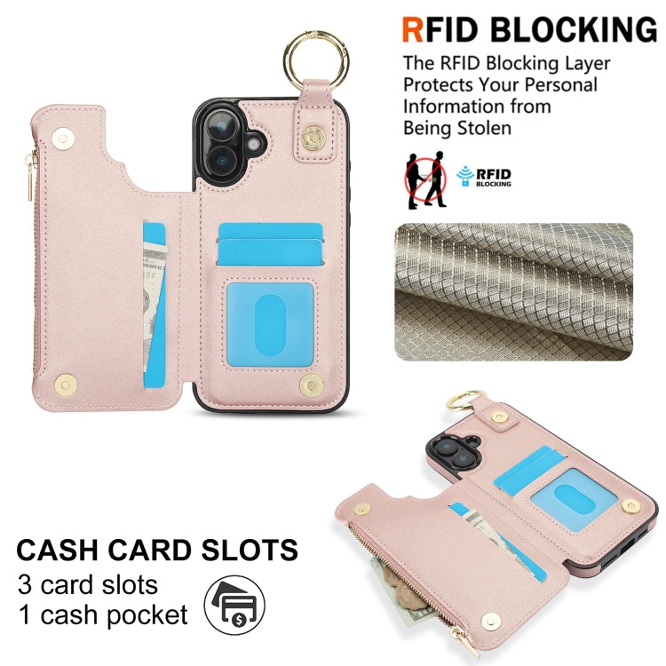 For iPhone 16 RFlD Anti-theft Double Buckle Ring Zipper Card Phone Case(Rose Gold) - iPhone 16 Cases by buy2fix | Online Shopping UK | buy2fix