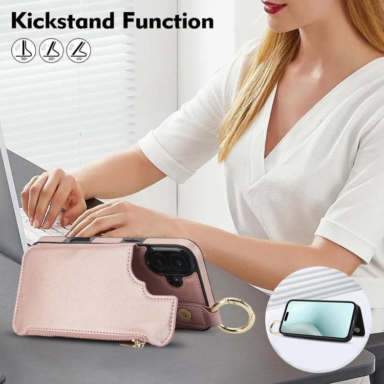 For iPhone 16 RFlD Anti-theft Double Buckle Ring Zipper Card Phone Case(Rose Gold) - iPhone 16 Cases by buy2fix | Online Shopping UK | buy2fix