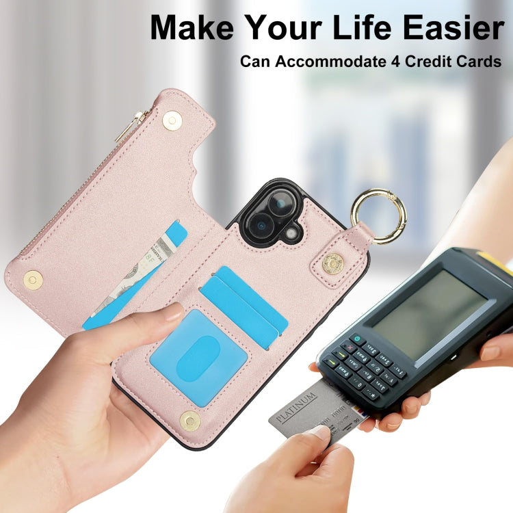 For iPhone 16 RFlD Anti-theft Double Buckle Ring Zipper Card Phone Case(Rose Gold) - iPhone 16 Cases by buy2fix | Online Shopping UK | buy2fix