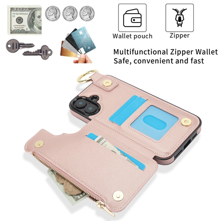 For iPhone 16 RFlD Anti-theft Double Buckle Ring Zipper Card Phone Case(Rose Gold) - iPhone 16 Cases by buy2fix | Online Shopping UK | buy2fix