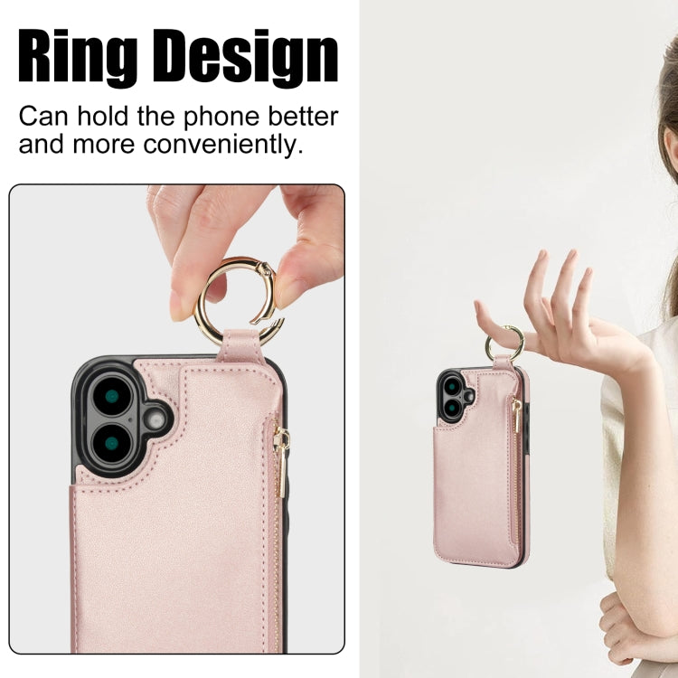 For iPhone 16 RFlD Anti-theft Double Buckle Ring Zipper Card Phone Case(Rose Gold) - iPhone 16 Cases by buy2fix | Online Shopping UK | buy2fix