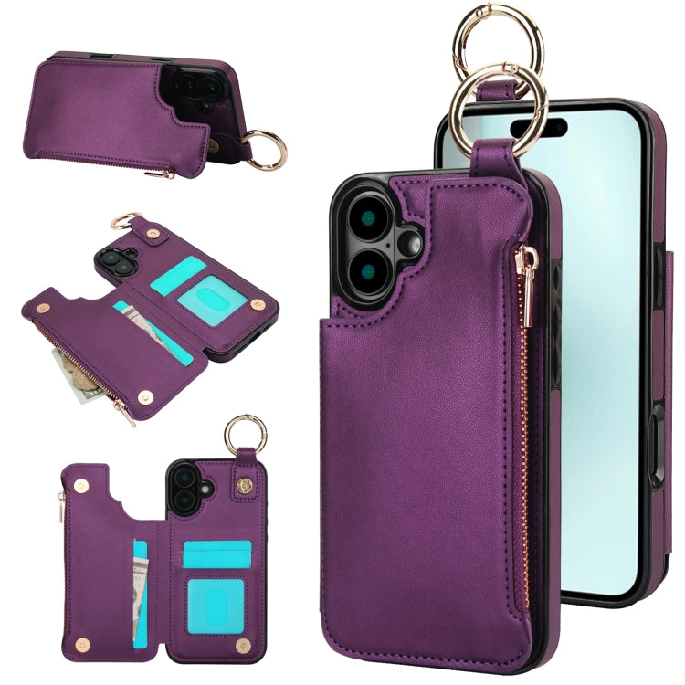 For iPhone 16 RFlD Anti-theft Double Buckle Ring Zipper Card Phone Case(Dark Purple) - iPhone 16 Cases by buy2fix | Online Shopping UK | buy2fix