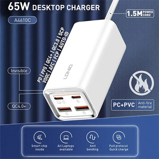 LDNIO A4610C PD65W Dual USB-C / Type-C + Dual USB Fast Charger, Cable Length: 1.5m, Plug Type:US Plug(White) - USB Charger by LDNIO | Online Shopping UK | buy2fix