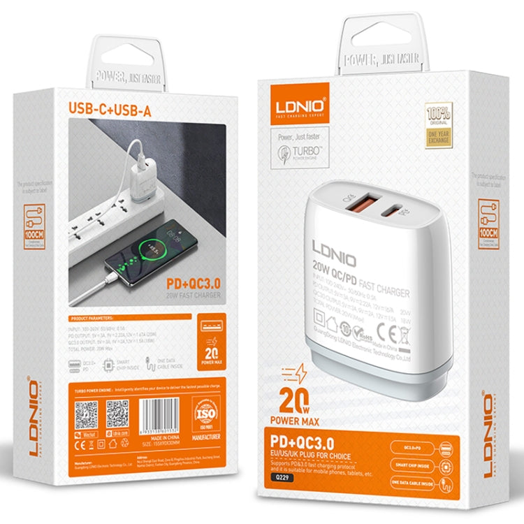 LDNIO Q229 QC3.0 / PD20W USB + Type-C Fast Charger with 1m USB to Micro USB Cable, Plug Type:EU Plug(White) - USB Charger by LDNIO | Online Shopping UK | buy2fix