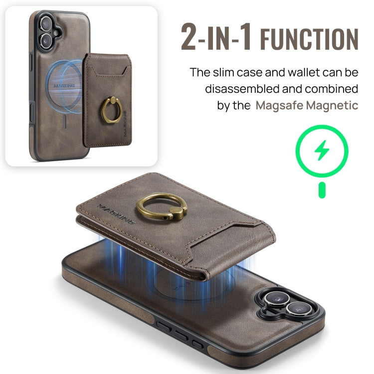 For iPhone 16 MAGKING K1 MagSafe Detachable Wallet RFID Back Cover Phone Case(Coffee) - iPhone 16 Cases by MAGKING | Online Shopping UK | buy2fix