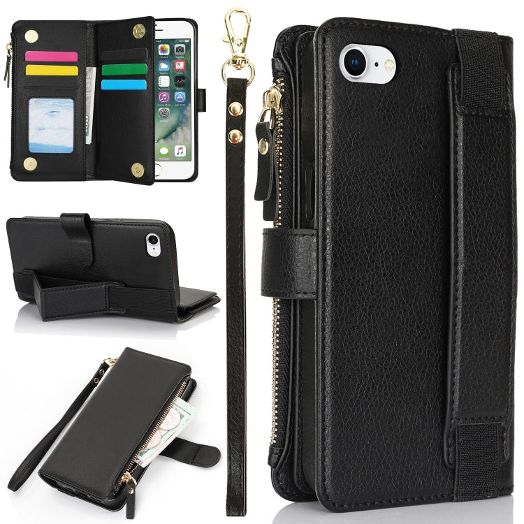 For iPhone SE 2022 / SE 2020 Wristband Holder Zipper Purse RFID Leather Phone Case(Black) - iPhone SE 2022 / 2020 / 8 / 7 Cases by buy2fix | Online Shopping UK | buy2fix