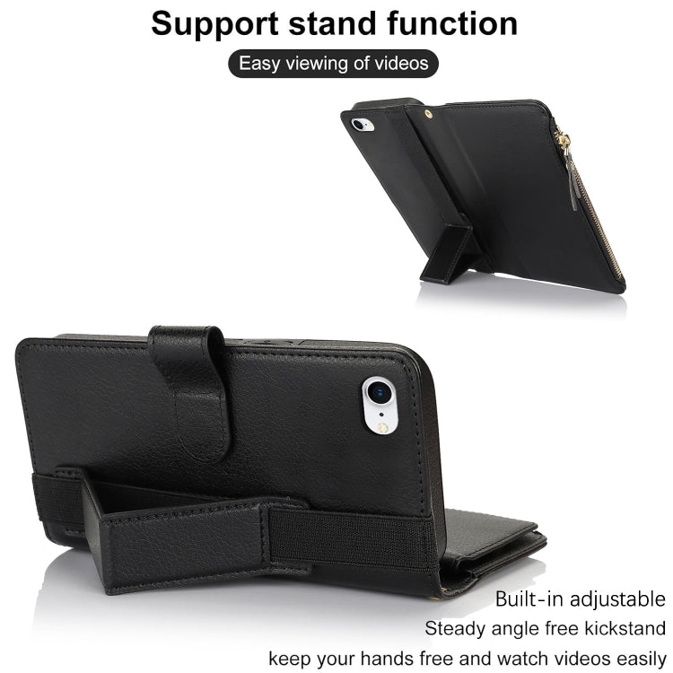 For iPhone SE 2022 / SE 2020 Wristband Holder Zipper Purse RFID Leather Phone Case(Black) - iPhone SE 2022 / 2020 / 8 / 7 Cases by buy2fix | Online Shopping UK | buy2fix