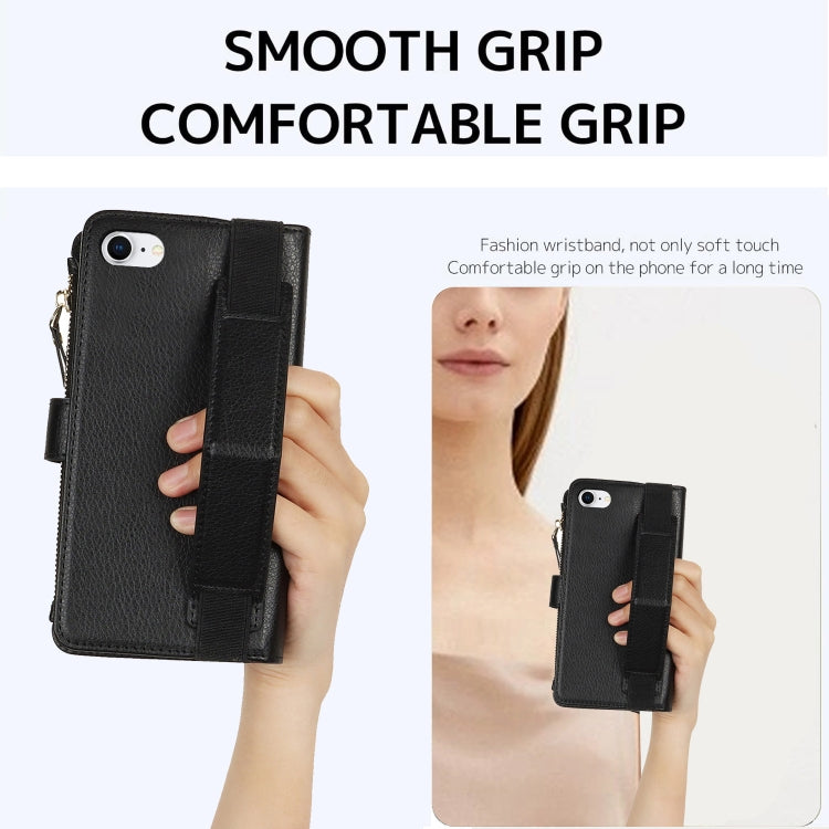 For iPhone SE 2022 / SE 2020 Wristband Holder Zipper Purse RFID Leather Phone Case(Black) - iPhone SE 2022 / 2020 / 8 / 7 Cases by buy2fix | Online Shopping UK | buy2fix
