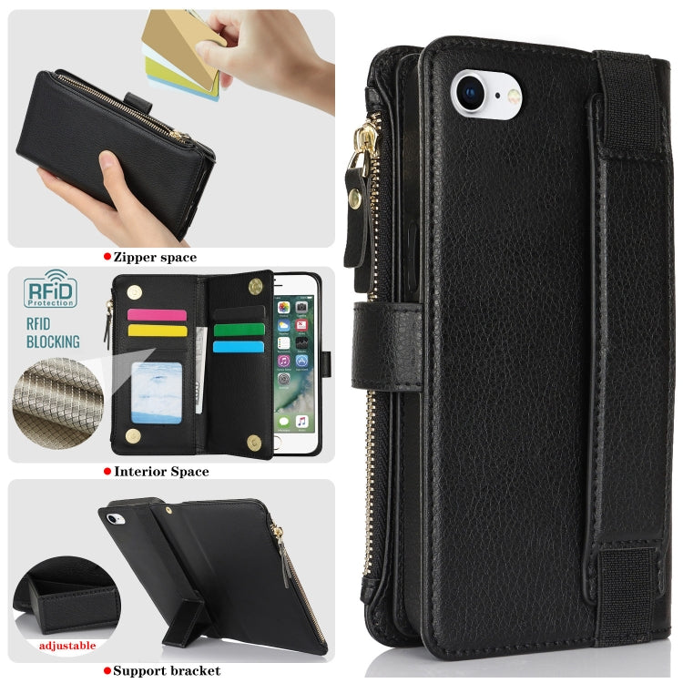 For iPhone SE 2022 / SE 2020 Wristband Holder Zipper Purse RFID Leather Phone Case(Black) - iPhone SE 2022 / 2020 / 8 / 7 Cases by buy2fix | Online Shopping UK | buy2fix