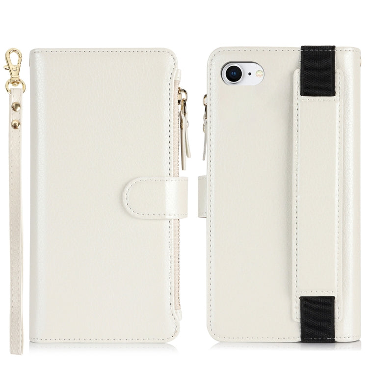 For iPhone SE 2022 / SE 2020 Wristband Holder Zipper Purse RFID Leather Phone Case(White) - iPhone SE 2022 / 2020 / 8 / 7 Cases by buy2fix | Online Shopping UK | buy2fix