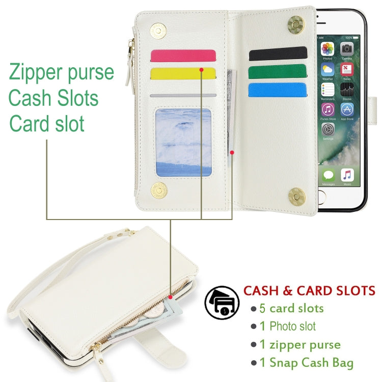 For iPhone SE 2022 / SE 2020 Wristband Holder Zipper Purse RFID Leather Phone Case(White) - iPhone SE 2022 / 2020 / 8 / 7 Cases by buy2fix | Online Shopping UK | buy2fix