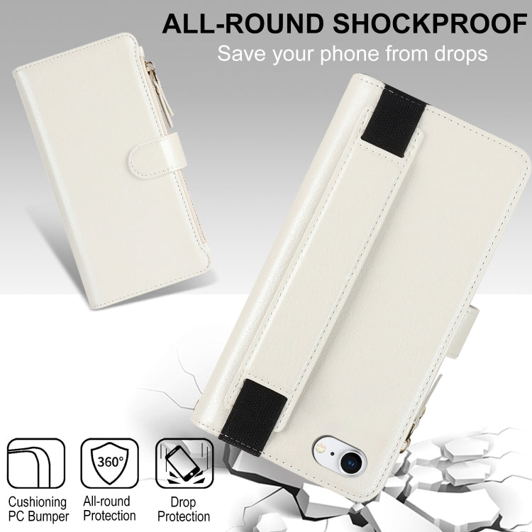 For iPhone SE 2022 / SE 2020 Wristband Holder Zipper Purse RFID Leather Phone Case(White) - iPhone SE 2022 / 2020 / 8 / 7 Cases by buy2fix | Online Shopping UK | buy2fix