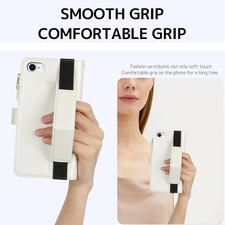For iPhone SE 2022 / SE 2020 Wristband Holder Zipper Purse RFID Leather Phone Case(White) - iPhone SE 2022 / 2020 / 8 / 7 Cases by buy2fix | Online Shopping UK | buy2fix