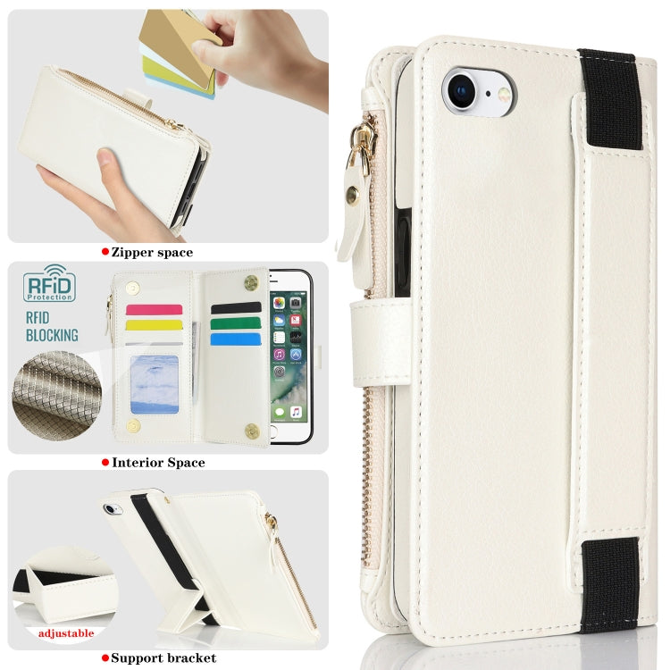 For iPhone SE 2022 / SE 2020 Wristband Holder Zipper Purse RFID Leather Phone Case(White) - iPhone SE 2022 / 2020 / 8 / 7 Cases by buy2fix | Online Shopping UK | buy2fix