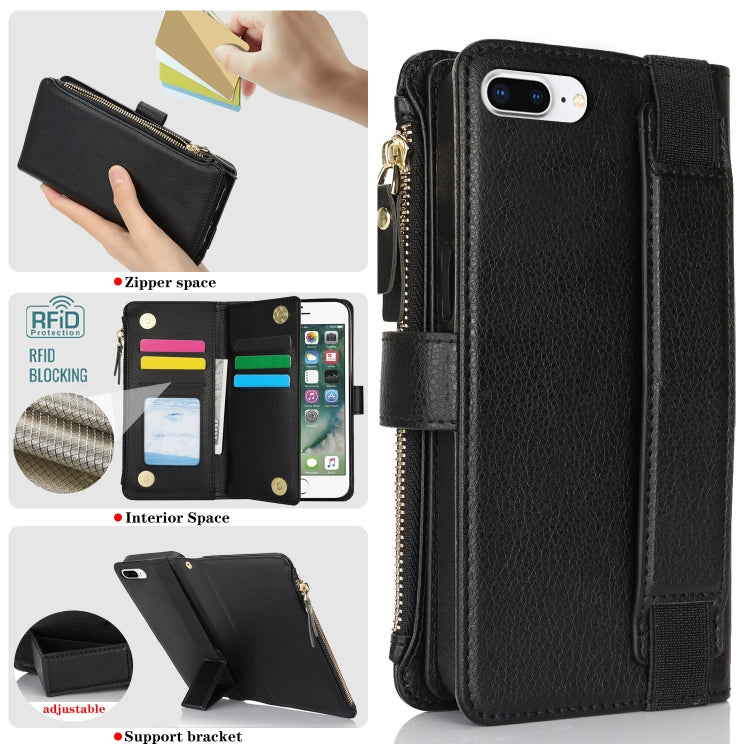 For iPhone 8 Plus / 7 Plus Wristband Holder Zipper Purse RFID Leather Phone Case(Black) - More iPhone Cases by buy2fix | Online Shopping UK | buy2fix