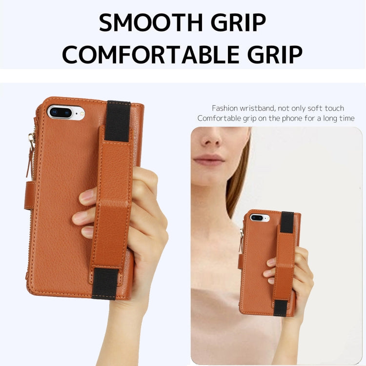 For iPhone 8 Plus / 7 Plus Wristband Holder Zipper Purse RFID Leather Phone Case(Brown) - More iPhone Cases by buy2fix | Online Shopping UK | buy2fix
