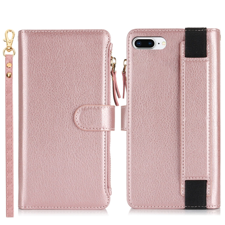 For iPhone 8 Plus / 7 Plus Wristband Holder Zipper Purse RFID Leather Phone Case(Rose Gold) - More iPhone Cases by buy2fix | Online Shopping UK | buy2fix