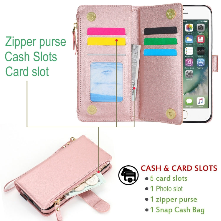 For iPhone 8 Plus / 7 Plus Wristband Holder Zipper Purse RFID Leather Phone Case(Rose Gold) - More iPhone Cases by buy2fix | Online Shopping UK | buy2fix