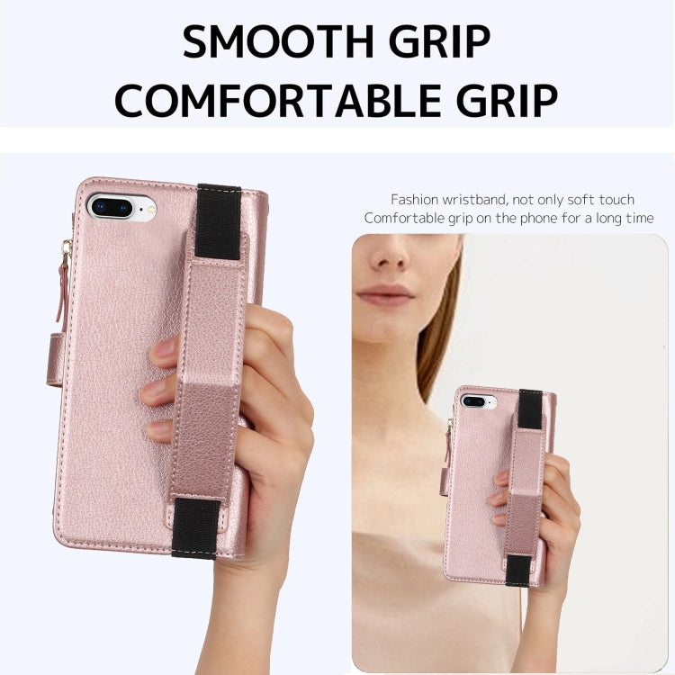 For iPhone 8 Plus / 7 Plus Wristband Holder Zipper Purse RFID Leather Phone Case(Rose Gold) - More iPhone Cases by buy2fix | Online Shopping UK | buy2fix