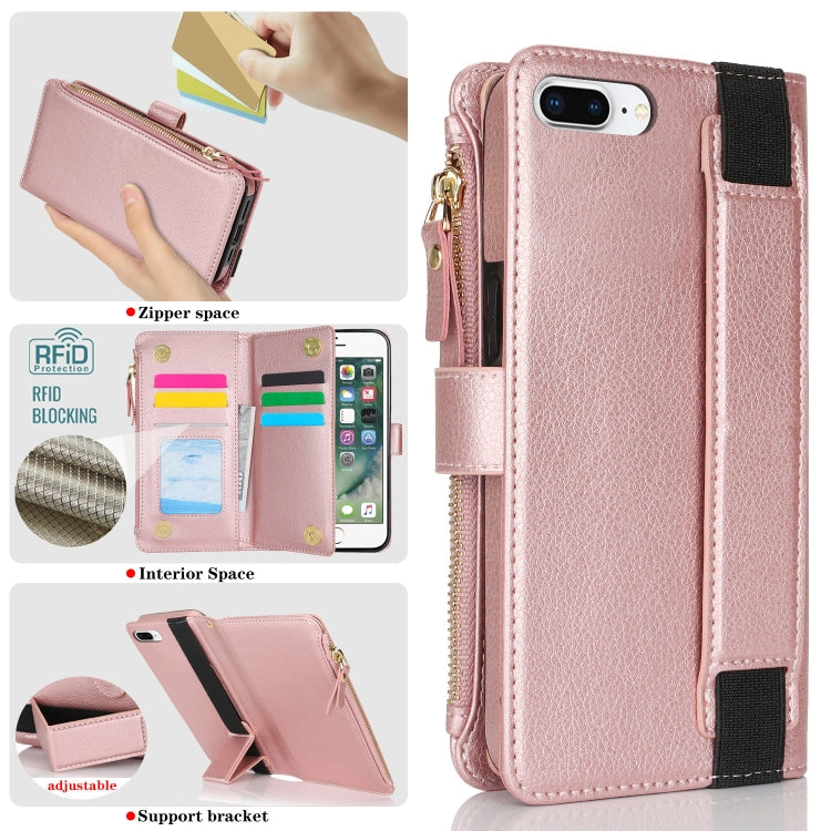 For iPhone 8 Plus / 7 Plus Wristband Holder Zipper Purse RFID Leather Phone Case(Rose Gold) - More iPhone Cases by buy2fix | Online Shopping UK | buy2fix