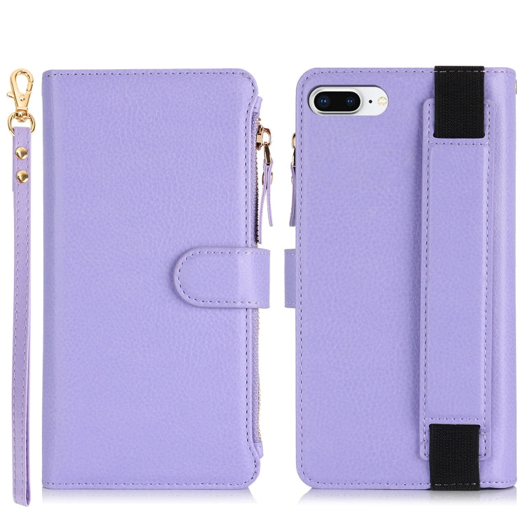For iPhone 8 Plus / 7 Plus Wristband Holder Zipper Purse RFID Leather Phone Case(Purple) - More iPhone Cases by buy2fix | Online Shopping UK | buy2fix