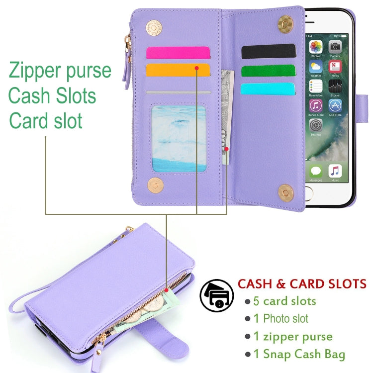 For iPhone 8 Plus / 7 Plus Wristband Holder Zipper Purse RFID Leather Phone Case(Purple) - More iPhone Cases by buy2fix | Online Shopping UK | buy2fix