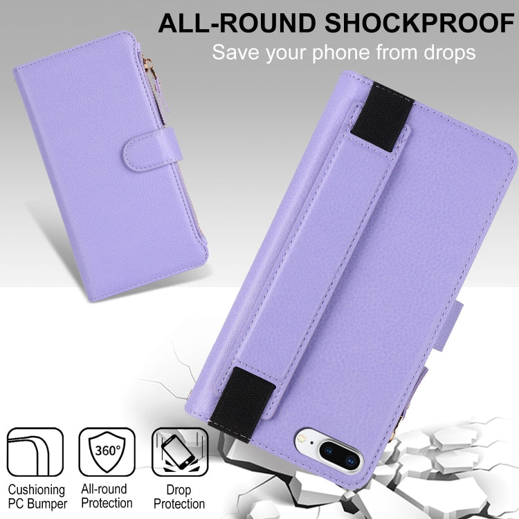 For iPhone 8 Plus / 7 Plus Wristband Holder Zipper Purse RFID Leather Phone Case(Purple) - More iPhone Cases by buy2fix | Online Shopping UK | buy2fix