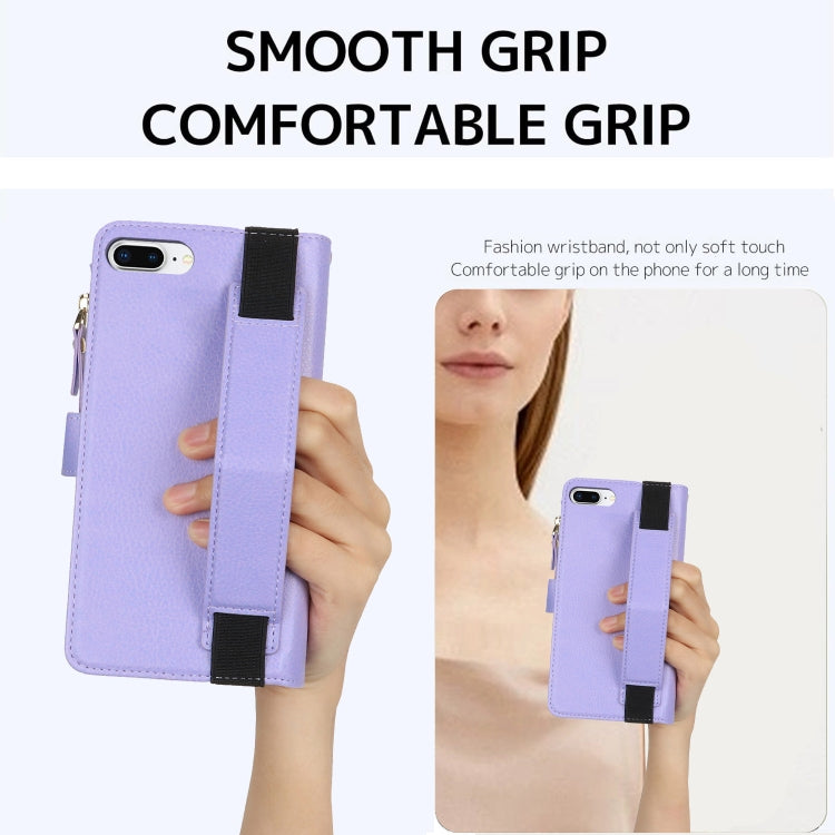 For iPhone 8 Plus / 7 Plus Wristband Holder Zipper Purse RFID Leather Phone Case(Purple) - More iPhone Cases by buy2fix | Online Shopping UK | buy2fix