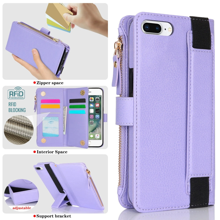 For iPhone 8 Plus / 7 Plus Wristband Holder Zipper Purse RFID Leather Phone Case(Purple) - More iPhone Cases by buy2fix | Online Shopping UK | buy2fix