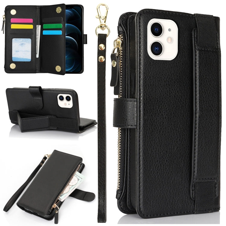For iPhone 11 Wristband Holder Zipper Purse RFID Leather Phone Case(Black) - iPhone 11 Cases by buy2fix | Online Shopping UK | buy2fix