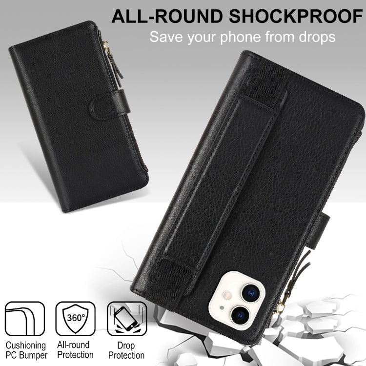 For iPhone 11 Wristband Holder Zipper Purse RFID Leather Phone Case(Black) - iPhone 11 Cases by buy2fix | Online Shopping UK | buy2fix