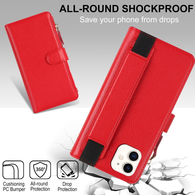 For iPhone 11 Wristband Holder Zipper Purse RFID Leather Phone Case(Red) - iPhone 11 Cases by buy2fix | Online Shopping UK | buy2fix