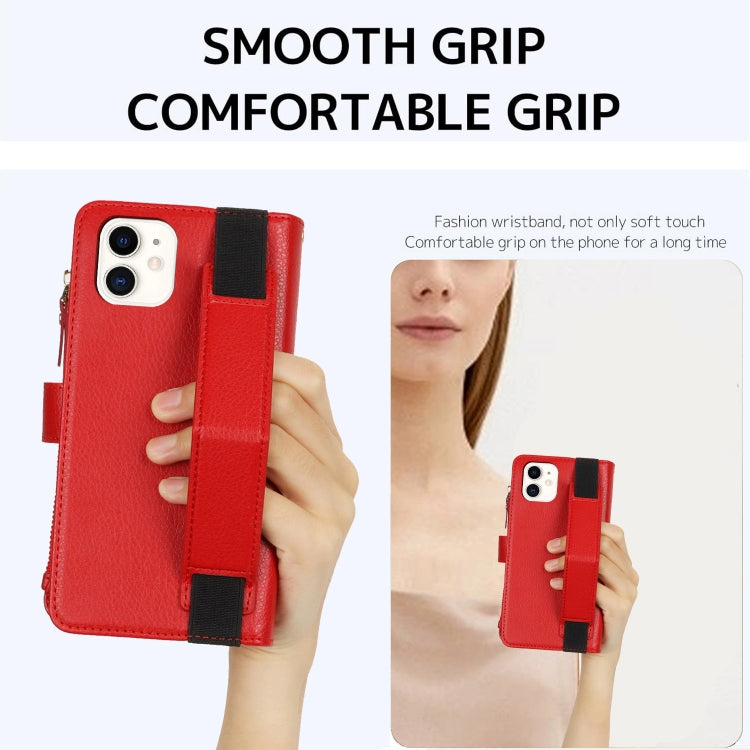 For iPhone 11 Wristband Holder Zipper Purse RFID Leather Phone Case(Red) - iPhone 11 Cases by buy2fix | Online Shopping UK | buy2fix