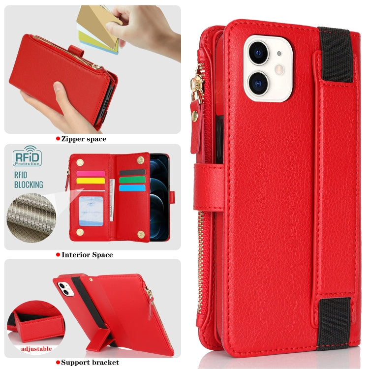 For iPhone 11 Wristband Holder Zipper Purse RFID Leather Phone Case(Red) - iPhone 11 Cases by buy2fix | Online Shopping UK | buy2fix