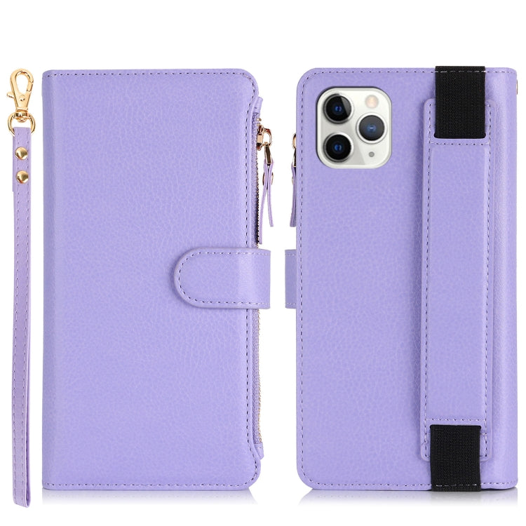 For iPhone 11 Pro Wristband Holder Zipper Purse RFID Leather Phone Case(Purple) - iPhone 11 Pro Cases by buy2fix | Online Shopping UK | buy2fix