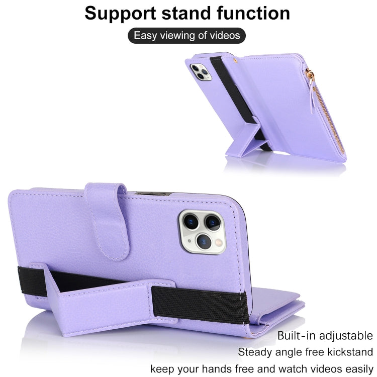 For iPhone 11 Pro Wristband Holder Zipper Purse RFID Leather Phone Case(Purple) - iPhone 11 Pro Cases by buy2fix | Online Shopping UK | buy2fix
