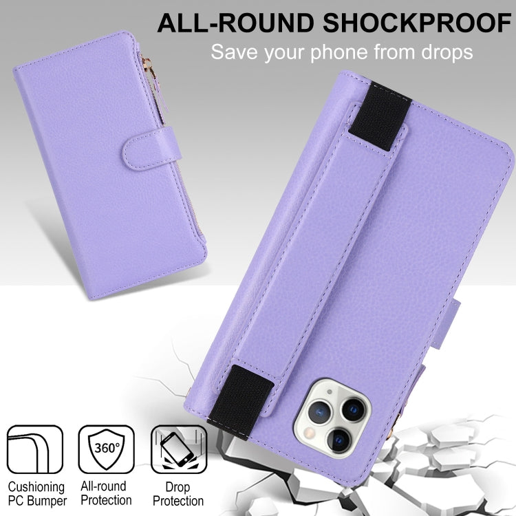 For iPhone 11 Pro Wristband Holder Zipper Purse RFID Leather Phone Case(Purple) - iPhone 11 Pro Cases by buy2fix | Online Shopping UK | buy2fix