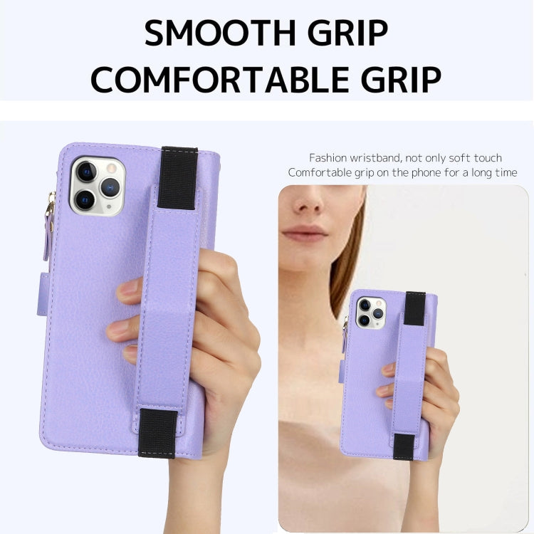 For iPhone 11 Pro Wristband Holder Zipper Purse RFID Leather Phone Case(Purple) - iPhone 11 Pro Cases by buy2fix | Online Shopping UK | buy2fix