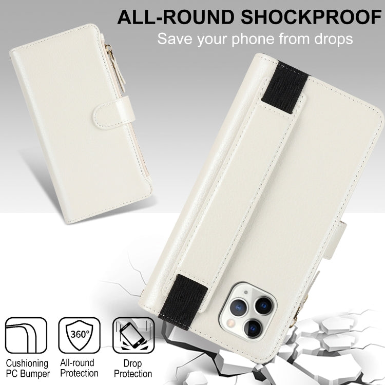 For iPhone 11 Pro Max Wristband Holder Zipper Purse RFID Leather Phone Case(White) - iPhone 11 Pro Max Cases by buy2fix | Online Shopping UK | buy2fix