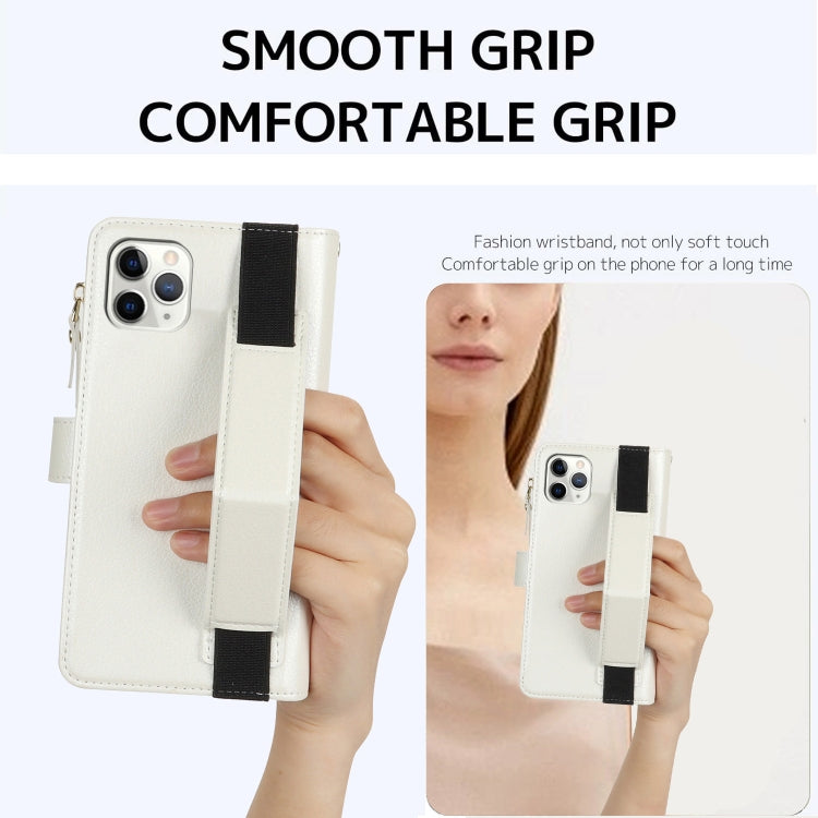 For iPhone 11 Pro Max Wristband Holder Zipper Purse RFID Leather Phone Case(White) - iPhone 11 Pro Max Cases by buy2fix | Online Shopping UK | buy2fix