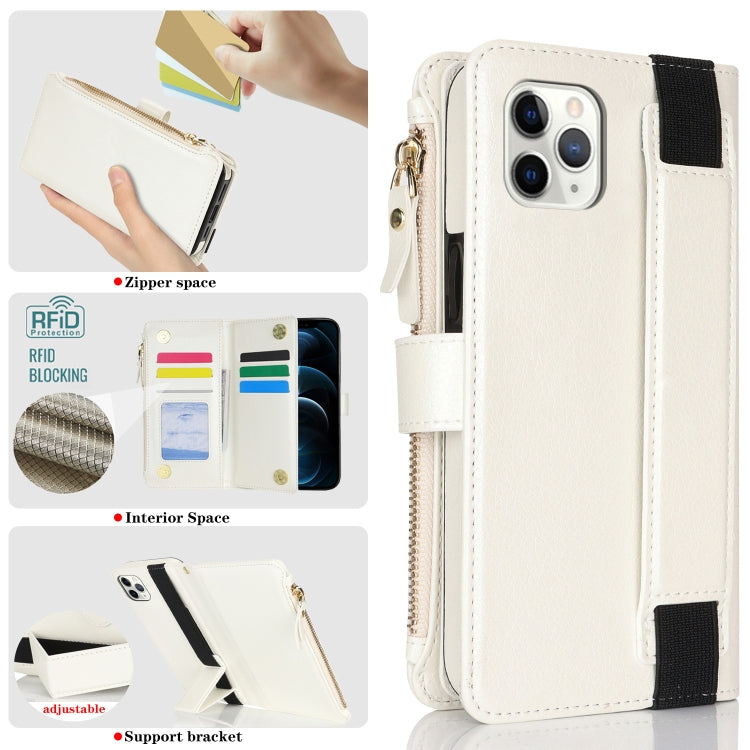 For iPhone 11 Pro Max Wristband Holder Zipper Purse RFID Leather Phone Case(White) - iPhone 11 Pro Max Cases by buy2fix | Online Shopping UK | buy2fix