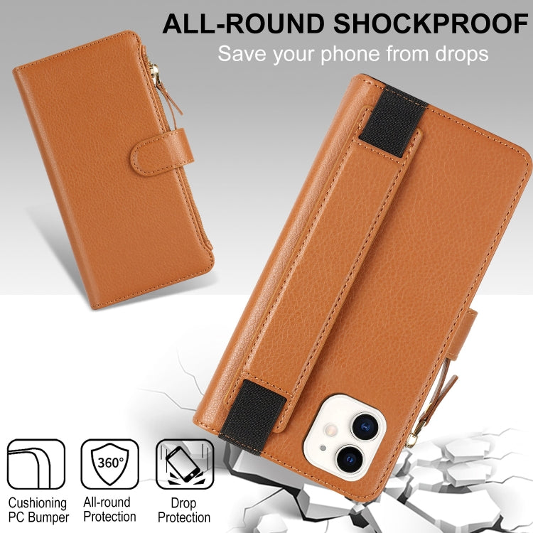For iPhone 12 mini Wristband Holder Zipper Purse RFID Leather Phone Case(Brown) - iPhone 12 mini Cases by buy2fix | Online Shopping UK | buy2fix