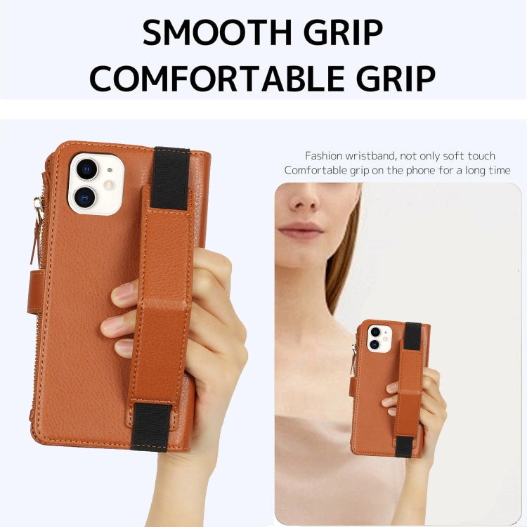 For iPhone 12 mini Wristband Holder Zipper Purse RFID Leather Phone Case(Brown) - iPhone 12 mini Cases by buy2fix | Online Shopping UK | buy2fix