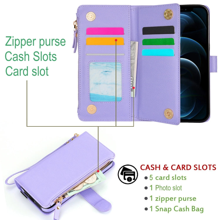 For iPhone 12 mini Wristband Holder Zipper Purse RFID Leather Phone Case(Purple) - iPhone 12 mini Cases by buy2fix | Online Shopping UK | buy2fix