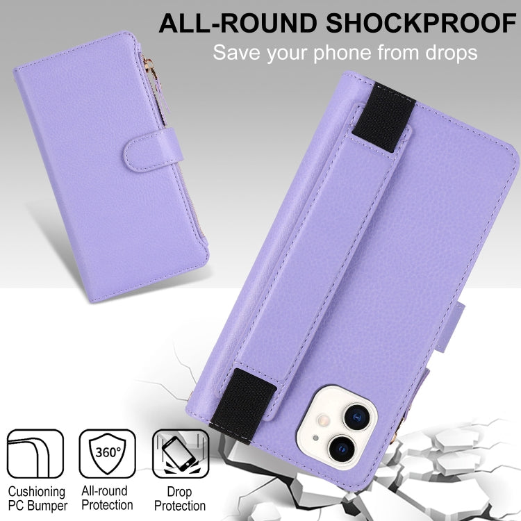 For iPhone 12 mini Wristband Holder Zipper Purse RFID Leather Phone Case(Purple) - iPhone 12 mini Cases by buy2fix | Online Shopping UK | buy2fix