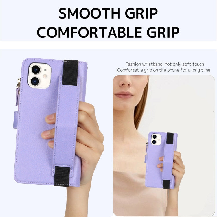 For iPhone 12 mini Wristband Holder Zipper Purse RFID Leather Phone Case(Purple) - iPhone 12 mini Cases by buy2fix | Online Shopping UK | buy2fix
