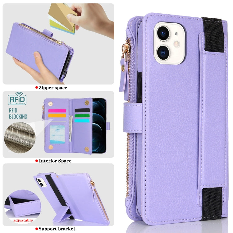 For iPhone 12 mini Wristband Holder Zipper Purse RFID Leather Phone Case(Purple) - iPhone 12 mini Cases by buy2fix | Online Shopping UK | buy2fix